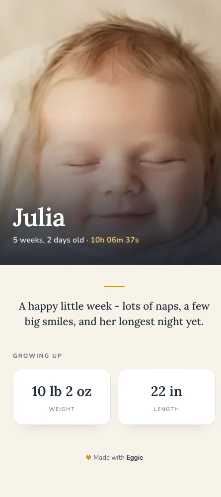 The private Her Page: a hero photo, the baby's name and ticking age, and how she is growing.