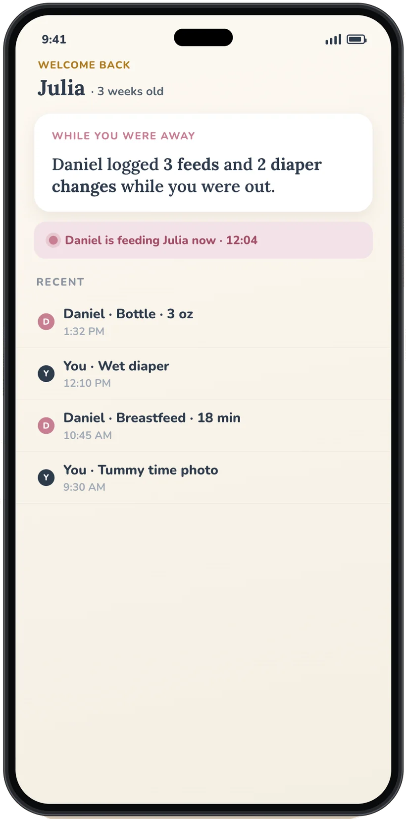 Eggie showing a 'while you were away' recap and who logged each feed and change.