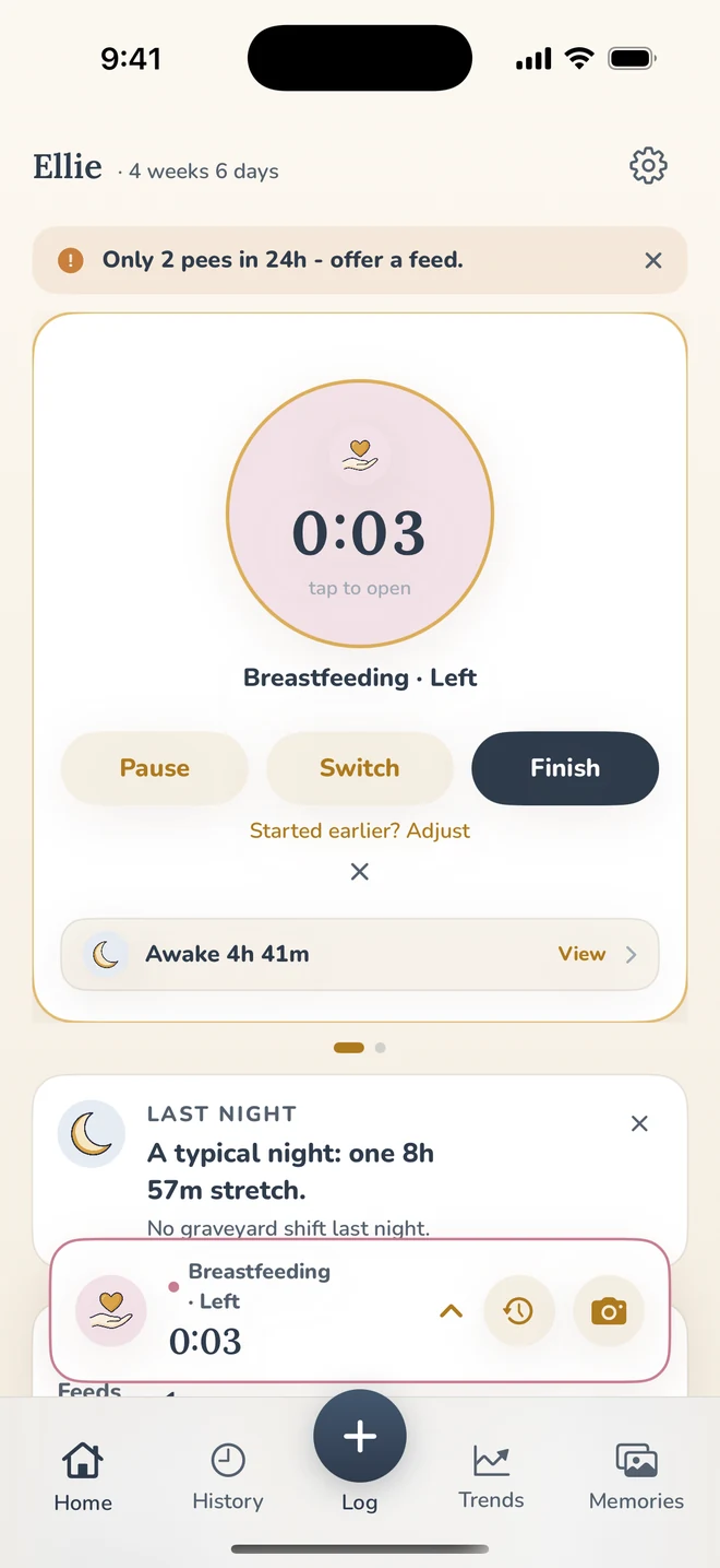 A running breastfeeding timer with pause, switch, and finish, plus a docked timer bar.