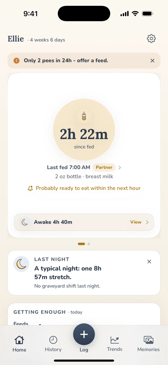 Eggie's home screen showing time since the last feed and a calm 'getting enough today' summary.