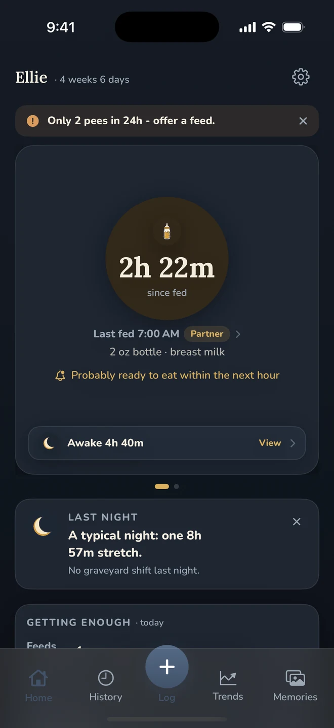 Eggie at night, dimmed to a soft glow, showing how long since the last feed.