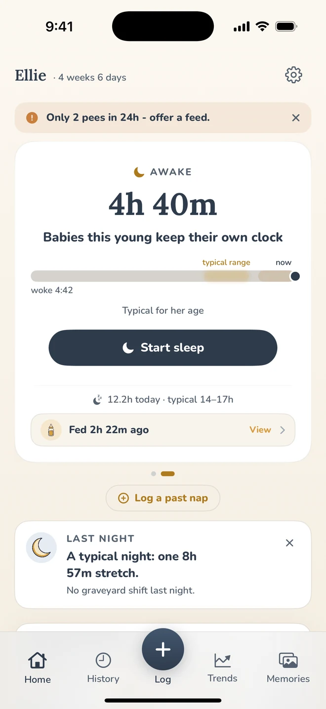 Eggie's sleep view: a wake-window ribbon, 'Start sleep', and typical-range guidance.