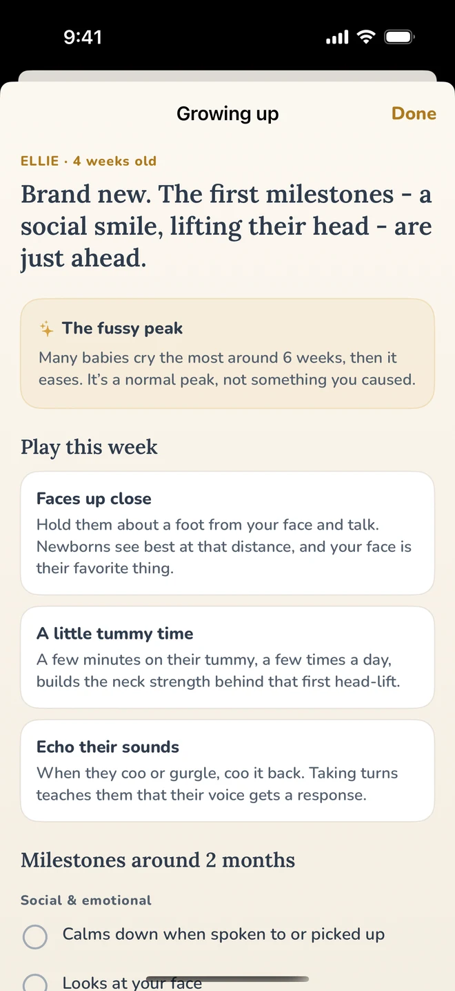 Eggie's 'Growing up' screen: milestones, a fussy-peak heads-up, and play ideas.